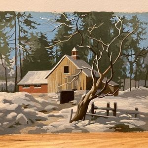 Vintage PBN Paint By number landscape Barn Trees Snow Winter Complete Unframed